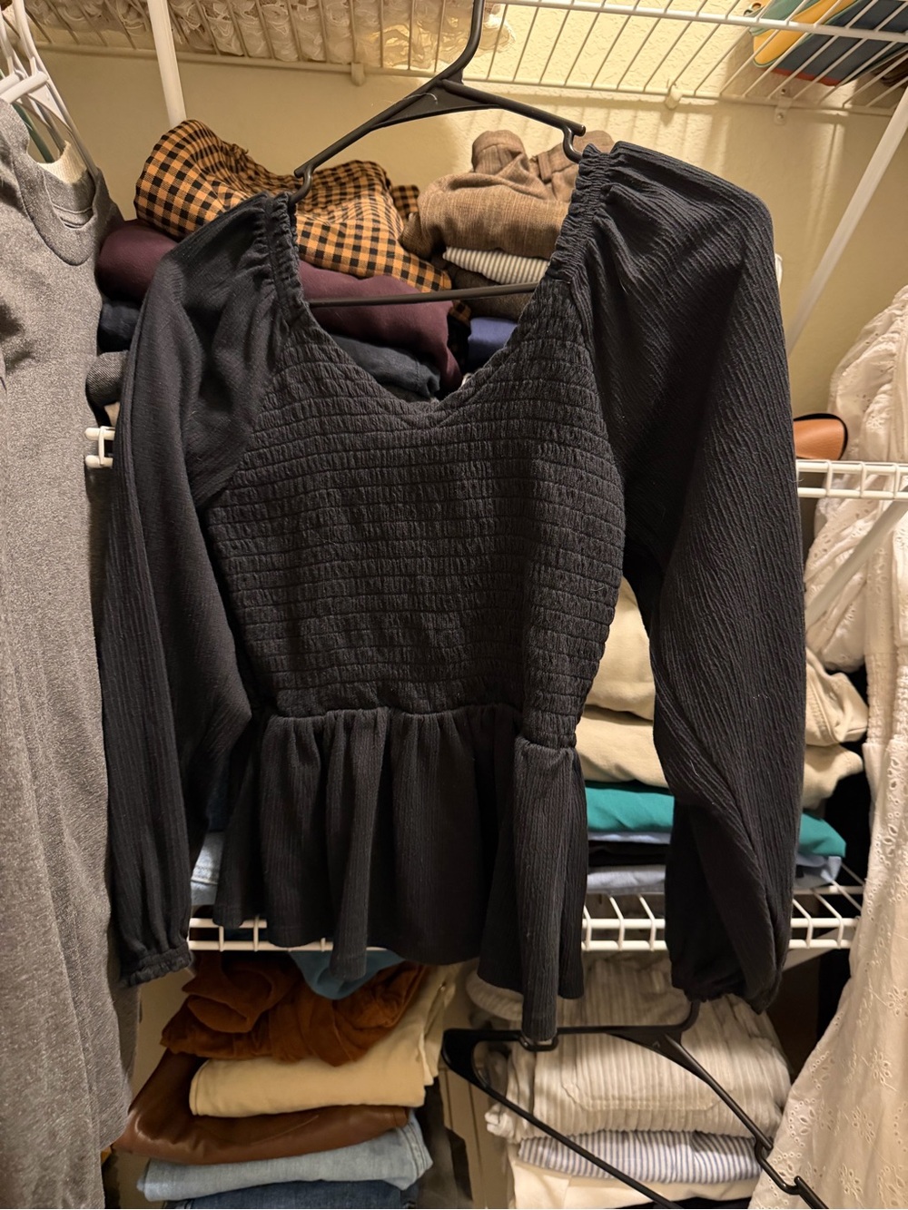 Old Navy Black Smocked Peplum Long Sleeve Blouse